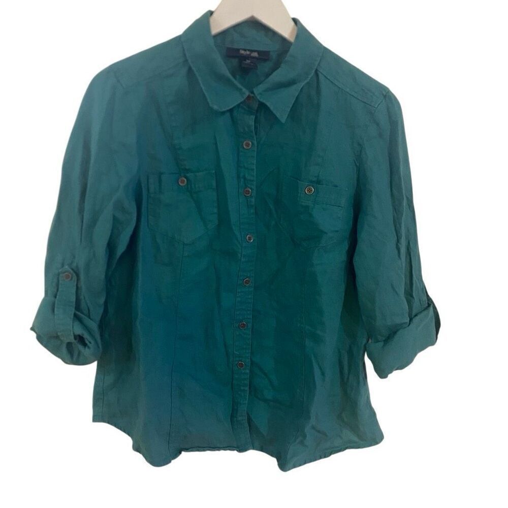 Style and Co. 100% linen button down shirt green size 16 petite